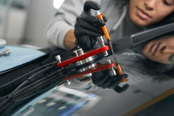 auto glass technician injecting resin during an auto glass repair