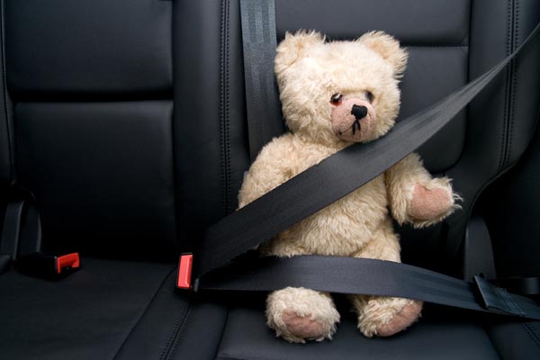 image of a teddy bear with seatbelt depicting used auto glass and safety