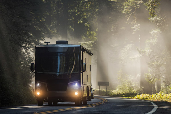 image of rv driving in forest