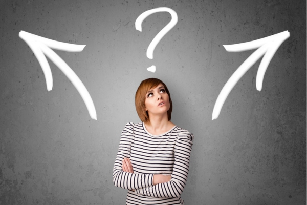 woman thinking with two arrows pointing on different sides doodled behind her and a question mark on top of her head depicting DIY vs Expert Auto Glass Repair