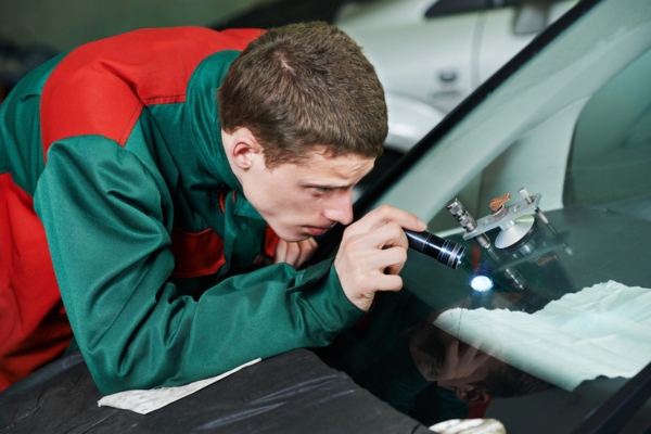 man examining windshield for a leak